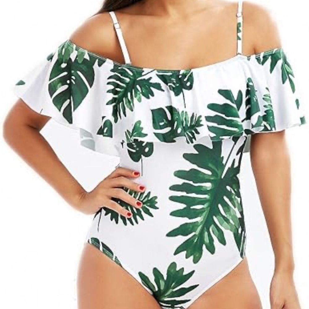 Womens Monokini One Piece Floral Print Ruffle Off Shoulder Push Up Size M